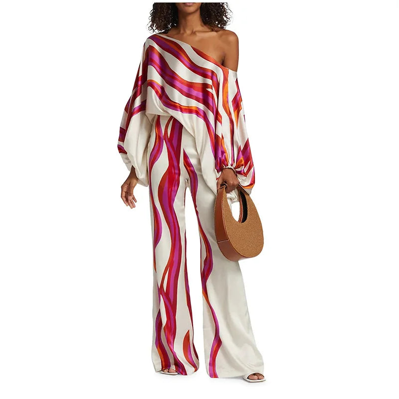 Satin Print Pajama Set Off-Shoulder Slash-Neck Top Long Pants — White | KIMLUD