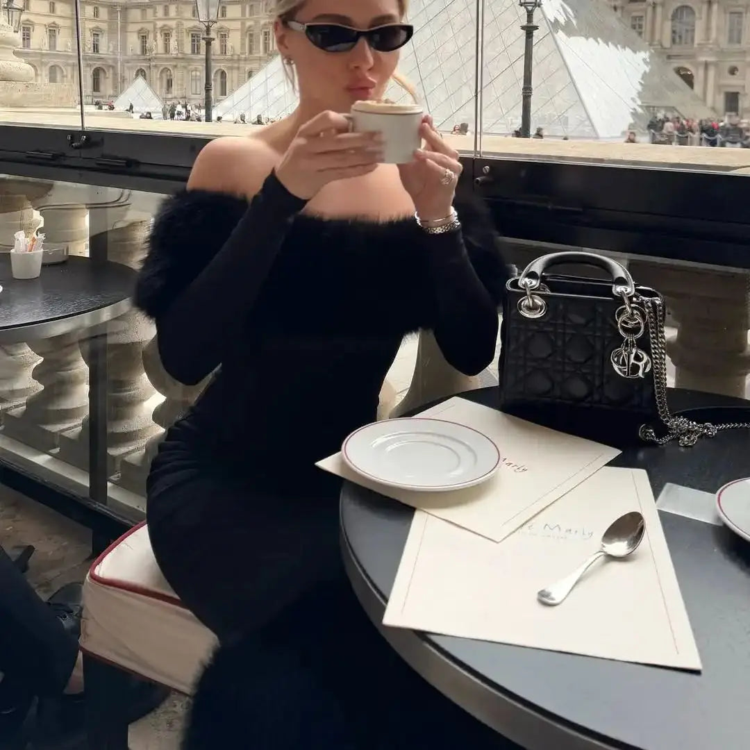 Off-Shoulder Midi Dress – Faux Fur Long Sleeve – Black | KIMLUD