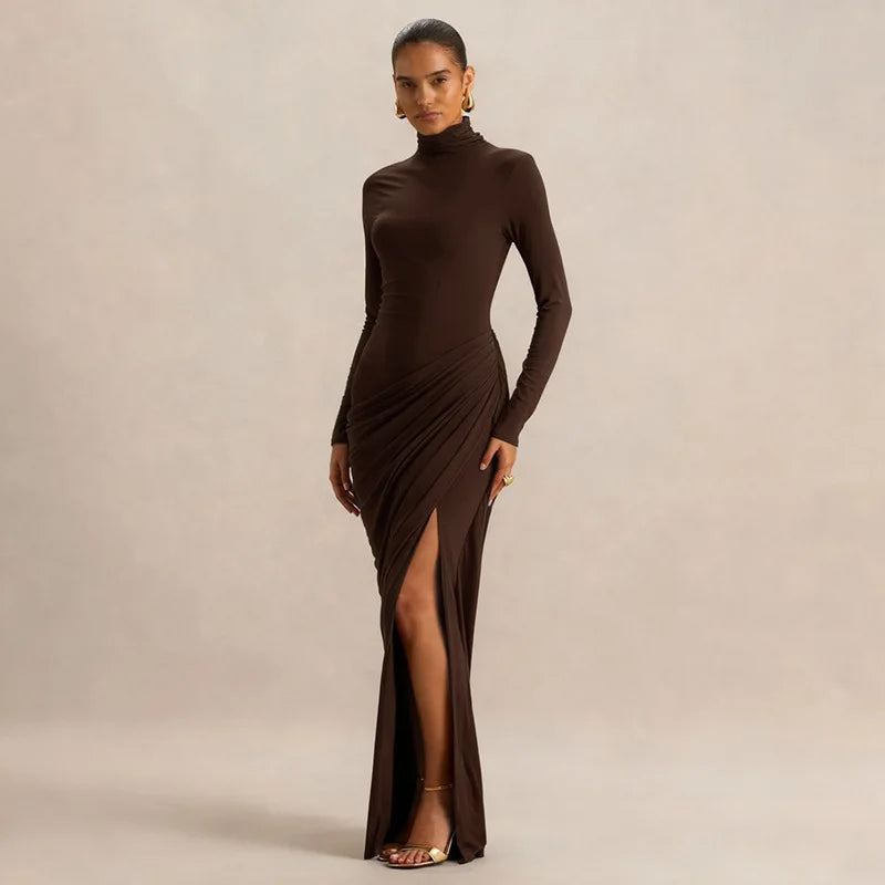 Thick Jersey Pleated Bodycon Dress — Brown | KIMLUD