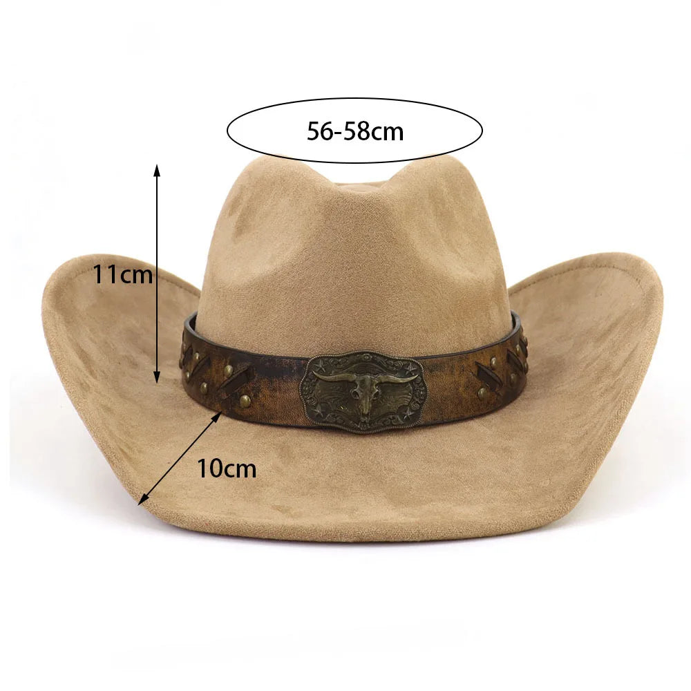 Leather Band Suede Cowboy Hat Big Brim Bull's Head — Brown | KIMLUD