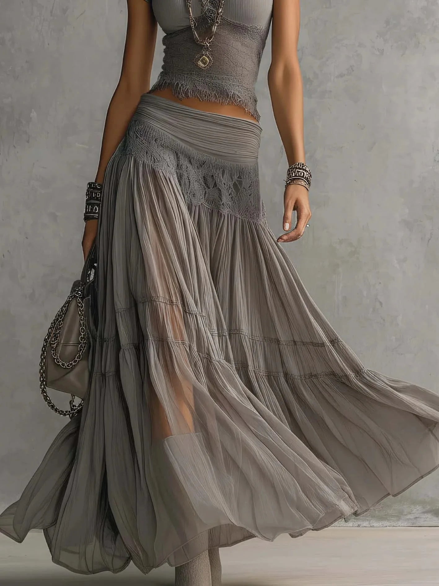 Lace-Spliced Maxi Two-Piece Set Slim-Fit Top And High-Waisted Skirt — Slate Gray | KIMLUD
