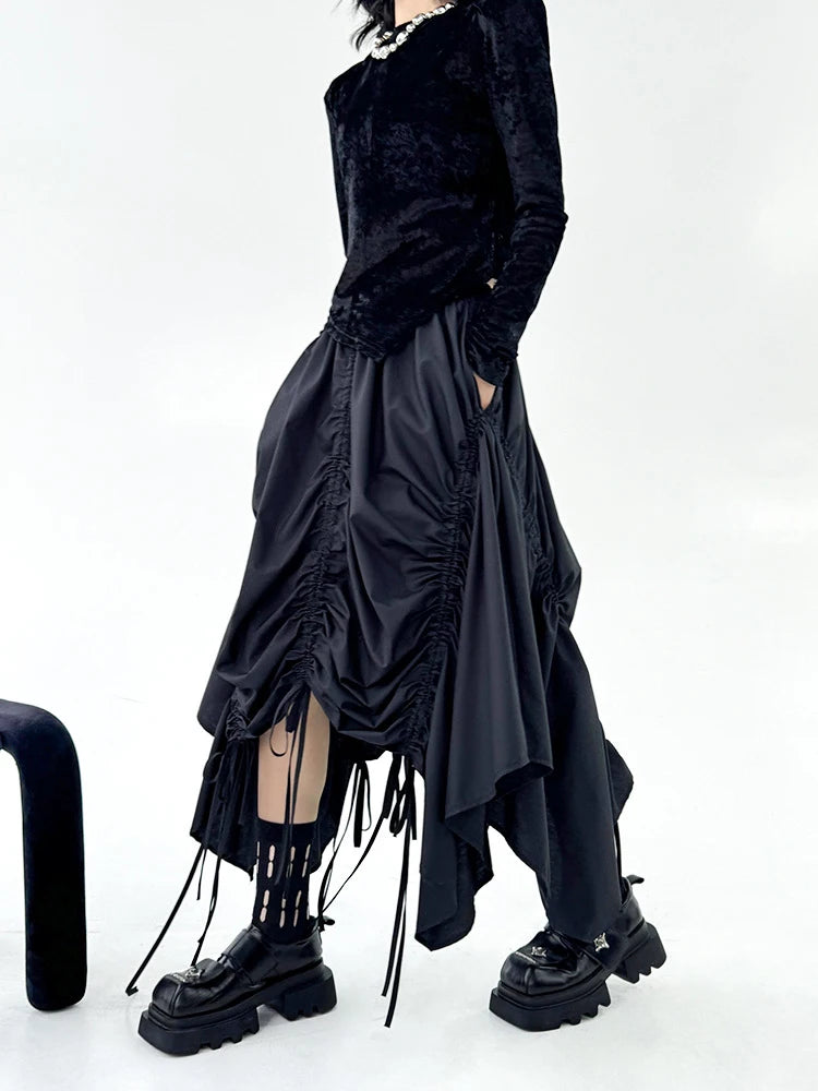 Skirt – Drawstring Waist – Irregular Hem – Cotton – Black | KIMLUD
