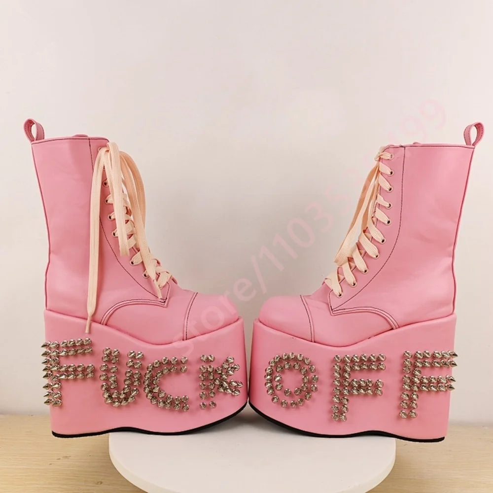 Knee-High Boots - Platform Studded - PU - Wedge Heel | KIMLUD