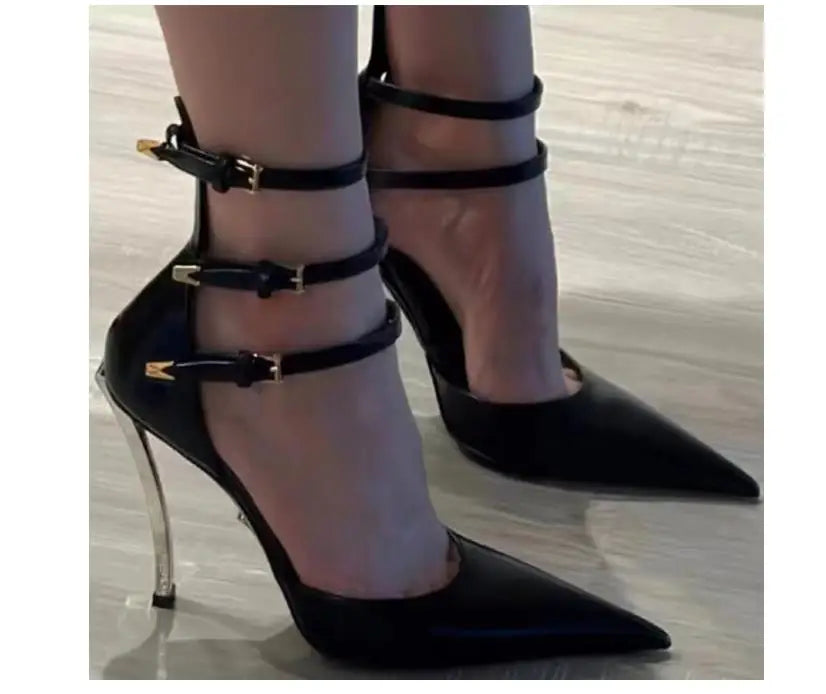 Microfiber Heeled Sandals Lace Up Pointed Toe — Black | KIMLUD