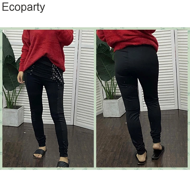 New Women's High Waist Pencil Pants Fashion Black Gothic Slim Leggings With Metal Buckle Y2k Vintage Trousers For Women