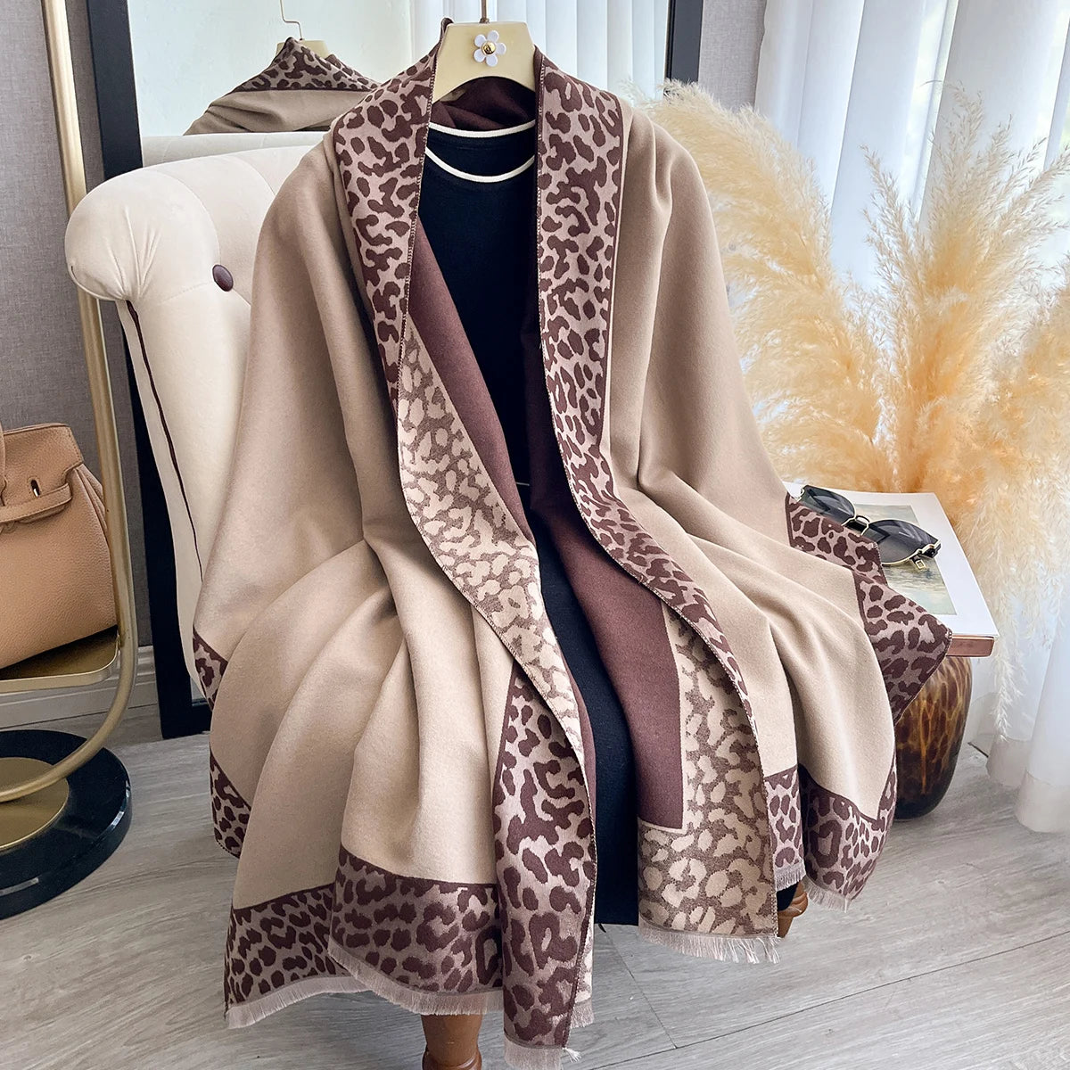 Cashmere Scarf Plaid Leopard Print Edge With Soft Knit For Winter Wrap — Blush Pink | KIMLUD