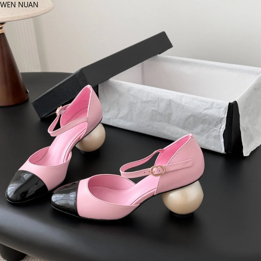 Genuine Leather Mary Jane Sandals With Pearl Heels — Beige-Tan | KIMLUD