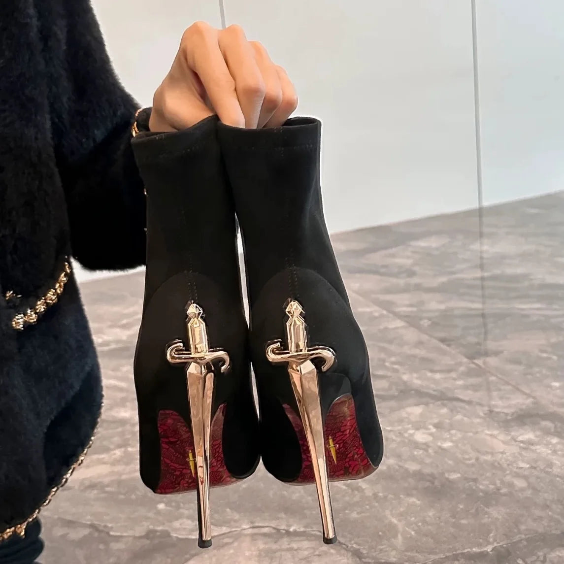 Velvet Boots "High Heel Ankle Boots" Winter — Red | KIMLUD