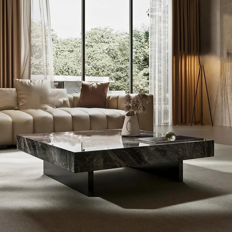 Marble Luxe Minimalist Side Table With Welded Steel Frame — Black With White Veining | KIMLUD