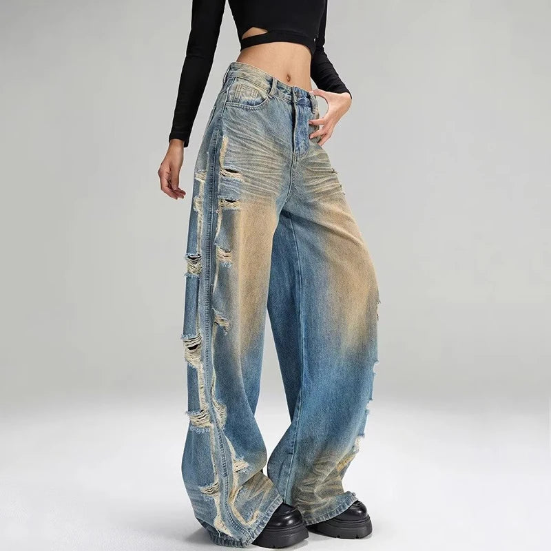 Jeans Ripped Tassel Wide Leg Denim — Blue | KIMLUD