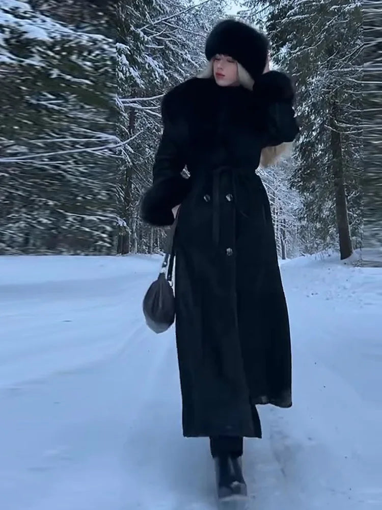 Fur Collar Coats For Woman Belt Long Jackets Winter Outwear Vintage Black Coat Double Breasted Tops Warmed Casual Lady Clothes