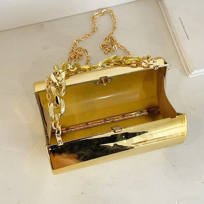 Metallic Cylinder Mini Box Clutch Purse — Gold | KIMLUD