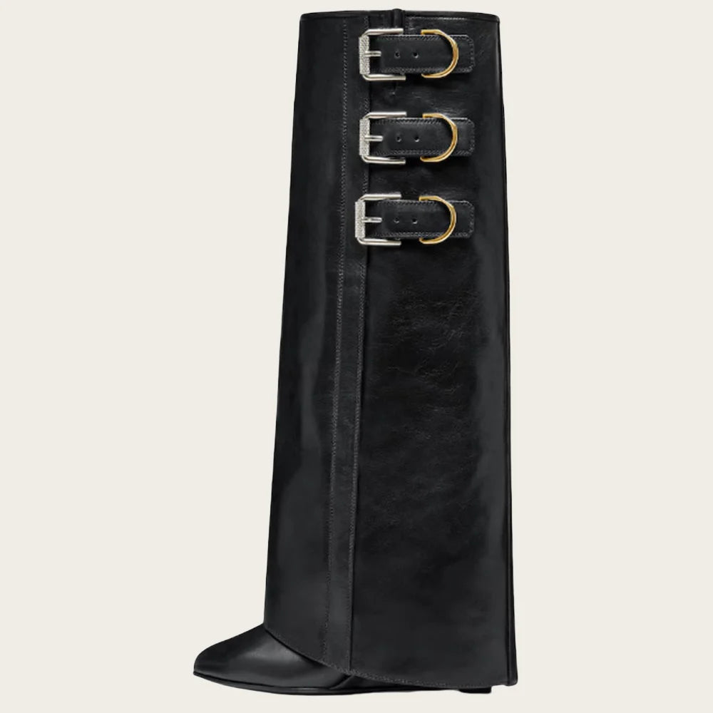 Sexy Fashion Women Fold Over Boots Pointed Toe Chunky Heels Multiple Metal Buckles Knee High Boots Nightclub Luxury Shoes