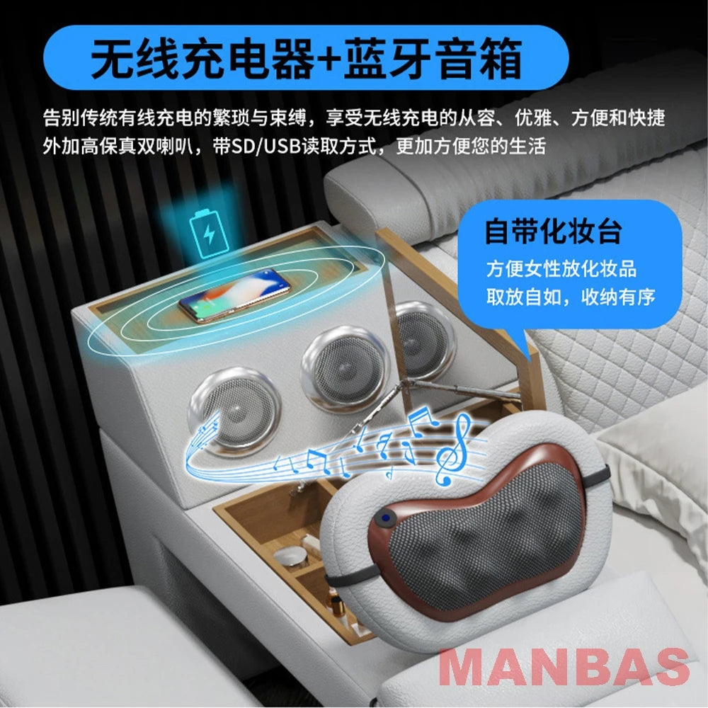 Genuine Leather Bed With Projector USB Speaker — White | KIMLUD