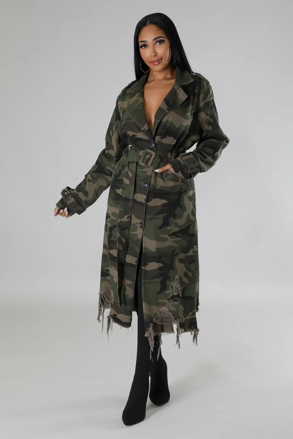 Camouflage Ripped Trench Jacket Long Coats Hole Windbreaker Sashes Single Breasted 2025 Women Streetwear Jackets Outerwear