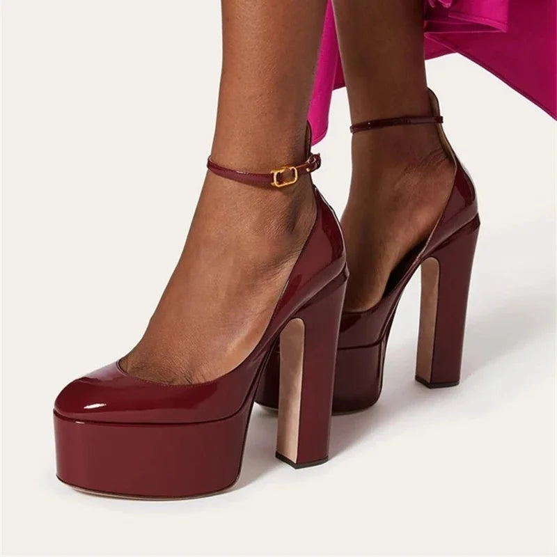 Patent Leather Platform Sandals Round Toe Ankle Buckle — Black | KIMLUD