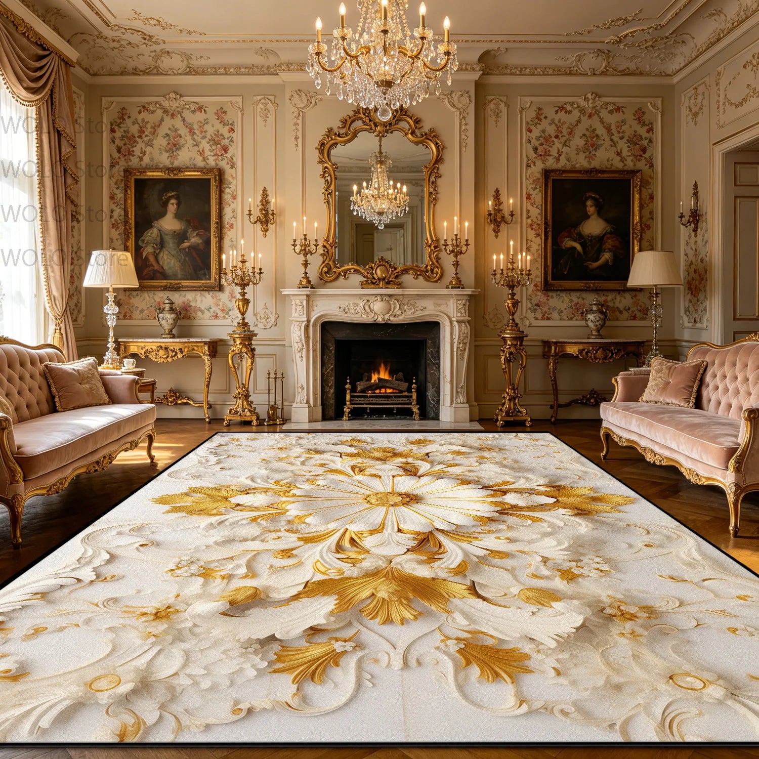 Luxurious Rococo Geometric Area Rug — Gold | KIMLUD