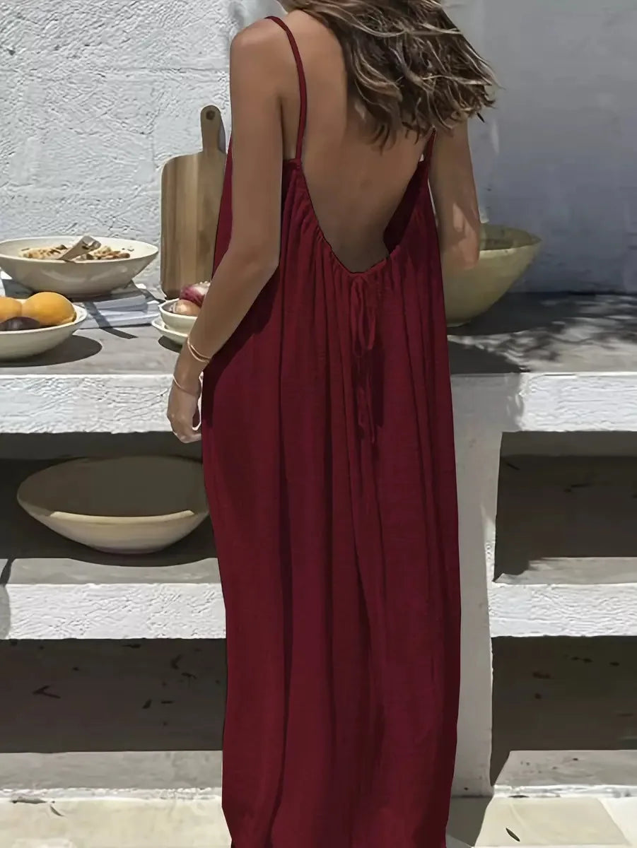 Polyester Slip Dress Backless Loose — Stone Beige | KIMLUD