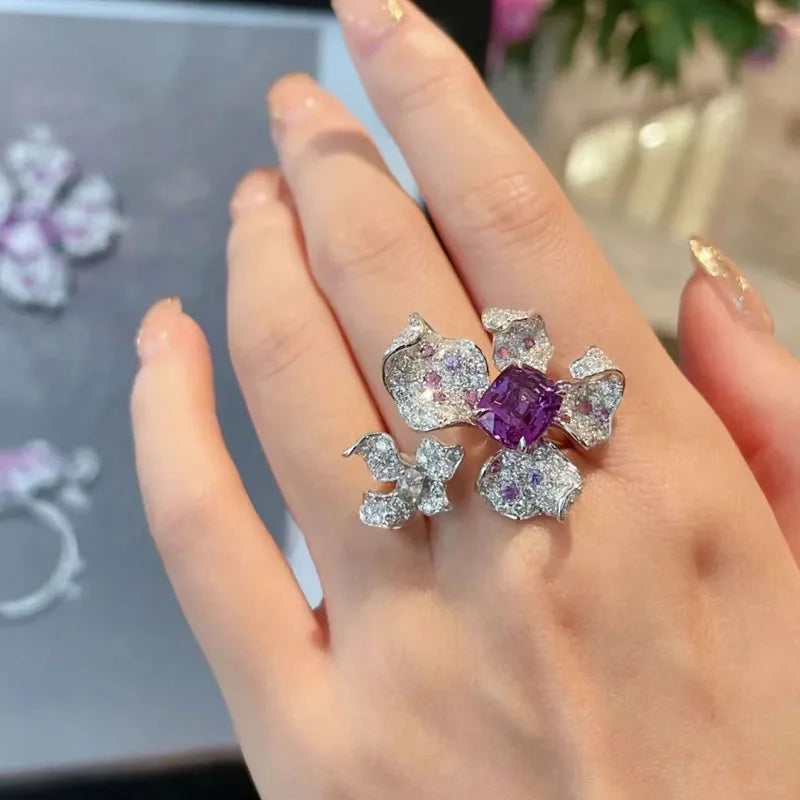 Sterling Silver Ring Amethyst Zircon Flower Open — White | KIMLUD