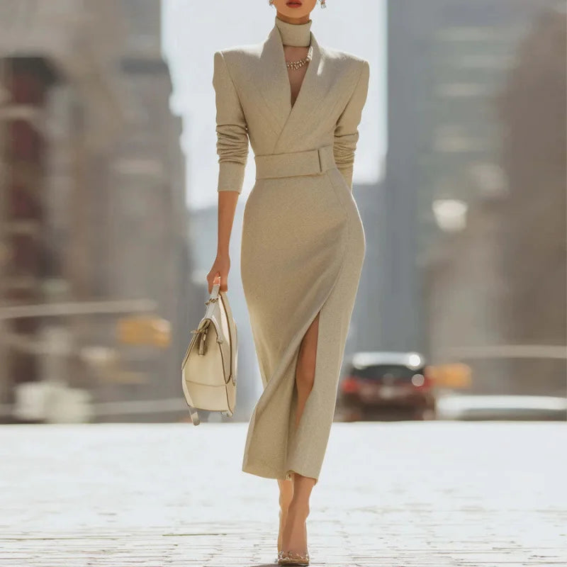 Elegant Solid Slim Belt V Neck Hip Dress Woman Autumn Winter Long Sleeve Split Office Dresses Sexy Boho High Waist Evening Dress