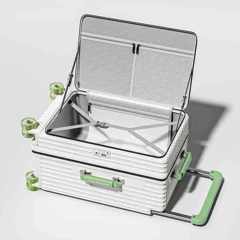 Side opening luggage compartment with expandable 28 inch wide luggage compartment, 20 inch boarding case, 24 inch luggage