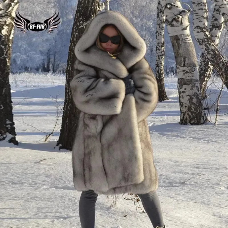 Fox Fur Coat – Hooded Full Pelt Fox Fur – Cotton Fabric | KIMLUD