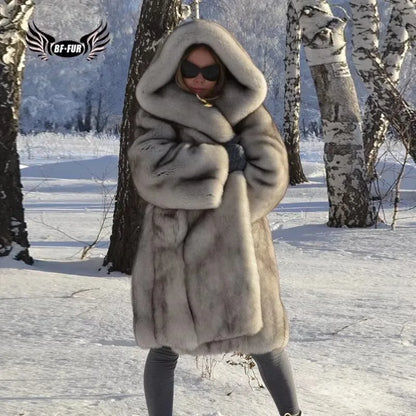 Fox Fur Coat – Hooded Full Pelt Fox Fur – Cotton Fabric | KIMLUD