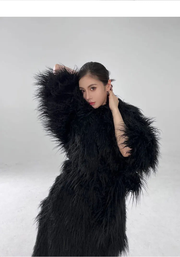 Lautaro Winter Long Black Hairy Shaggy Thick Warm Soft Fluffy Faux Fur Coat Women Sashes Luxury Designer Overcoat Runway Fashion