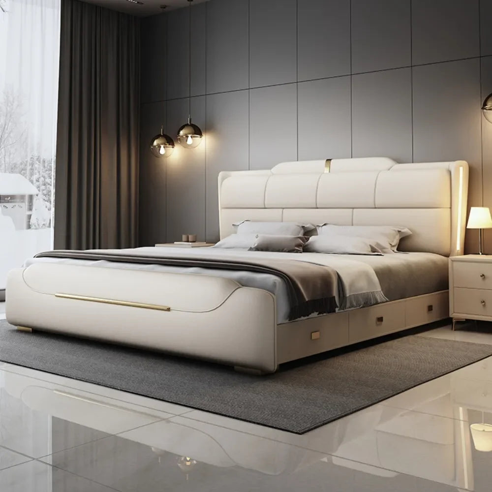 Cowhide-Layered Upholstery Storage Bed With Three Drawers — Charcoal | KIMLUD