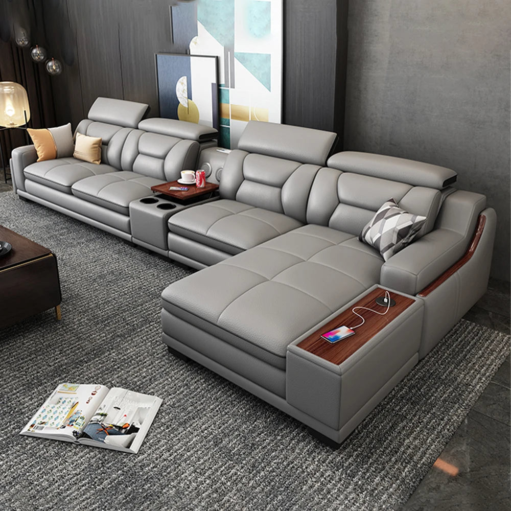 Italian Genuine Leather Sofa Featuring Bluetooth Speaker — Slate Gray | KIMLUD