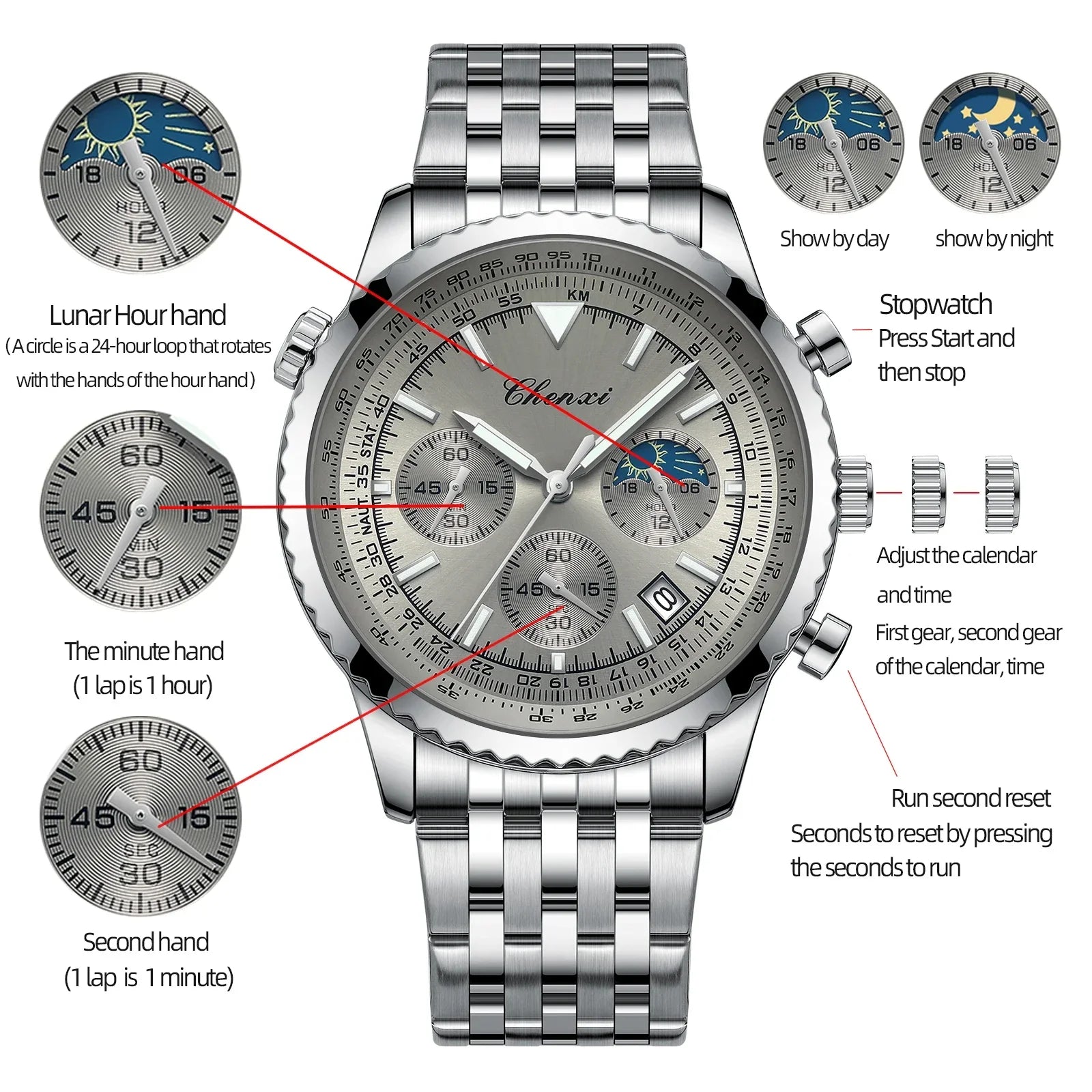 Luxury StopWatch Moon Phase Waterproof Male Clock Luminous Date Stainless Steel Square Quartz Men Watch reloj hombre