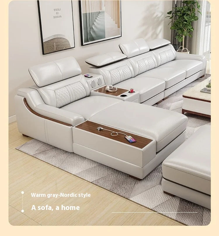 Genuine Italian Leather Sofa L-Shaped With Cup Holders USB Bluetooth — Light Gray | KIMLUD