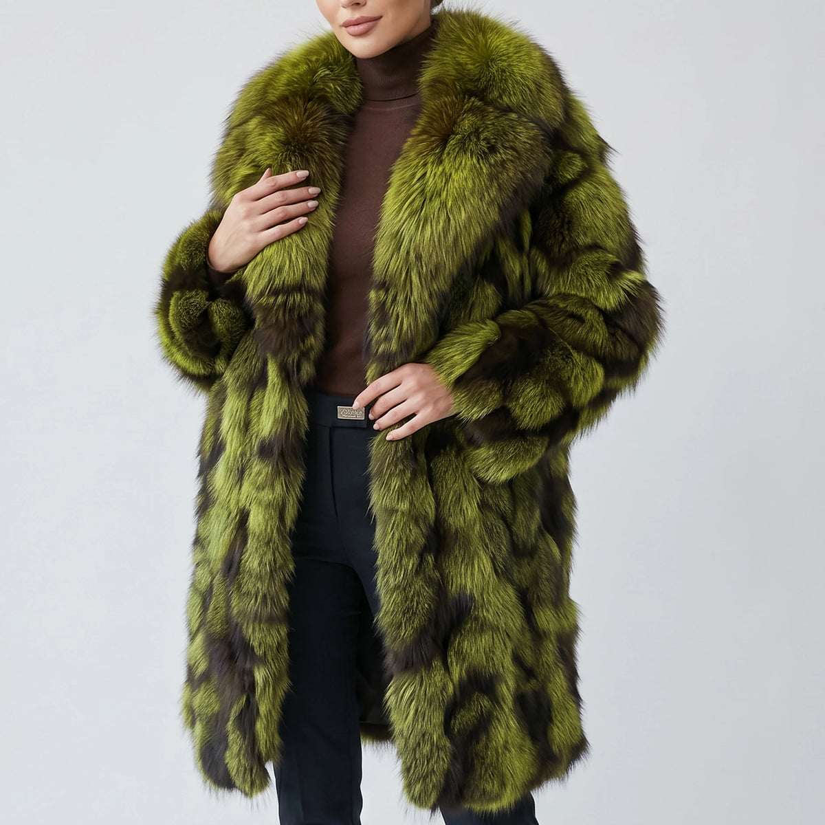Long Coat – Color-Block – Fox Fur Patchwork – Green-Brown | KIMLUD