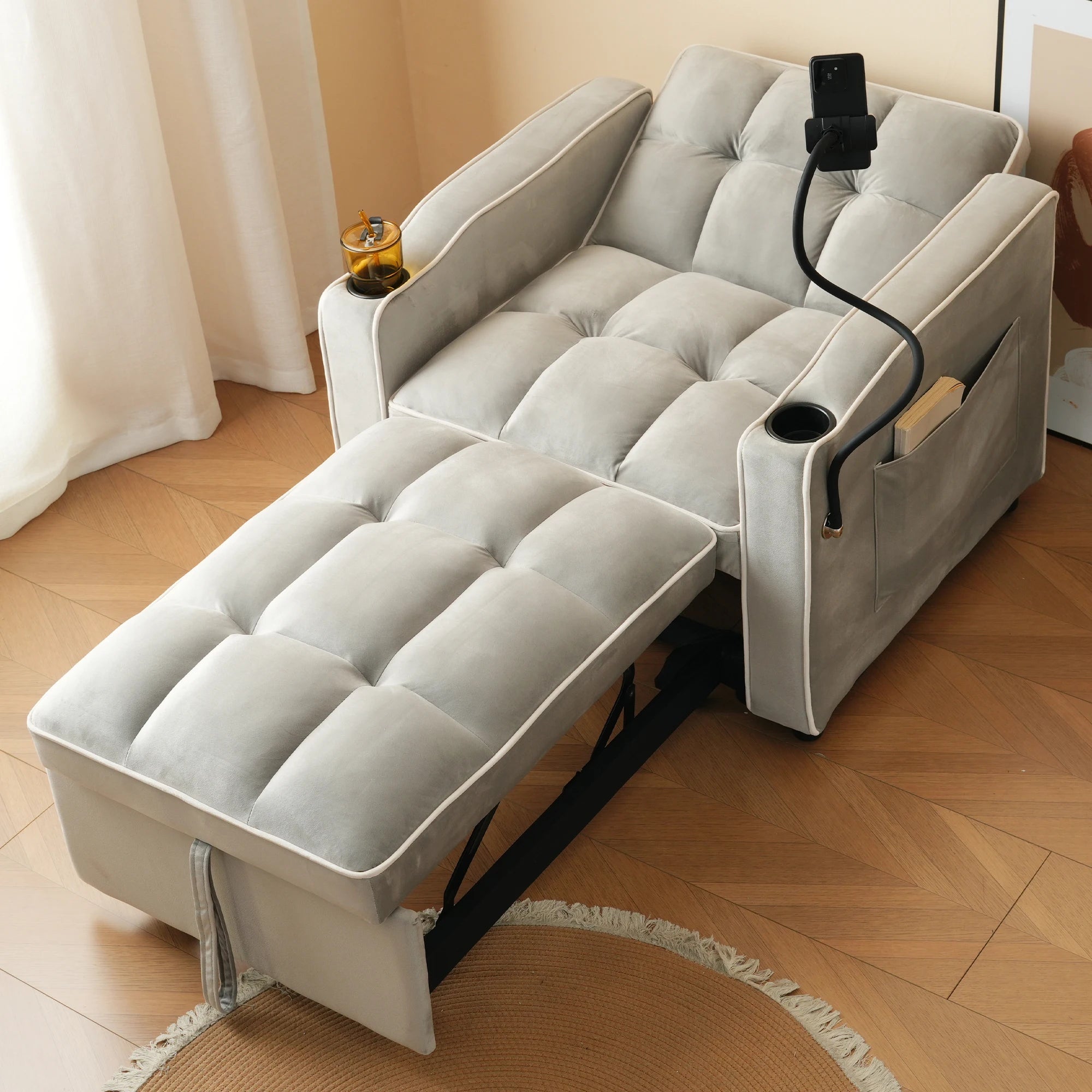 Synthetic Leather Sofa Bed 3-in-1 Extendable — Pale Gray | KIMLUD