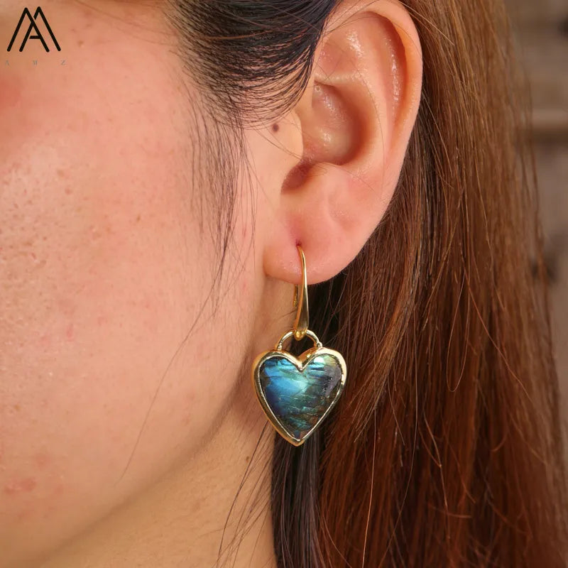 KIMLUD, Heart Amethsyts Labradorite Dangle Earrings For Women Boho Luxury Fashion Natural Stones Earring Designer Jewelery Bijoux, KIMLUD Womens Clothes