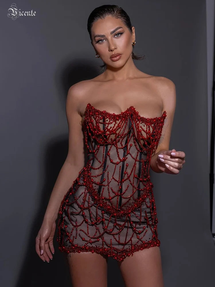 VC Glamorous Fashion Strapless Red Beaded Mesh Through Mini Sexy Dress with Corset for Club and Evening Party