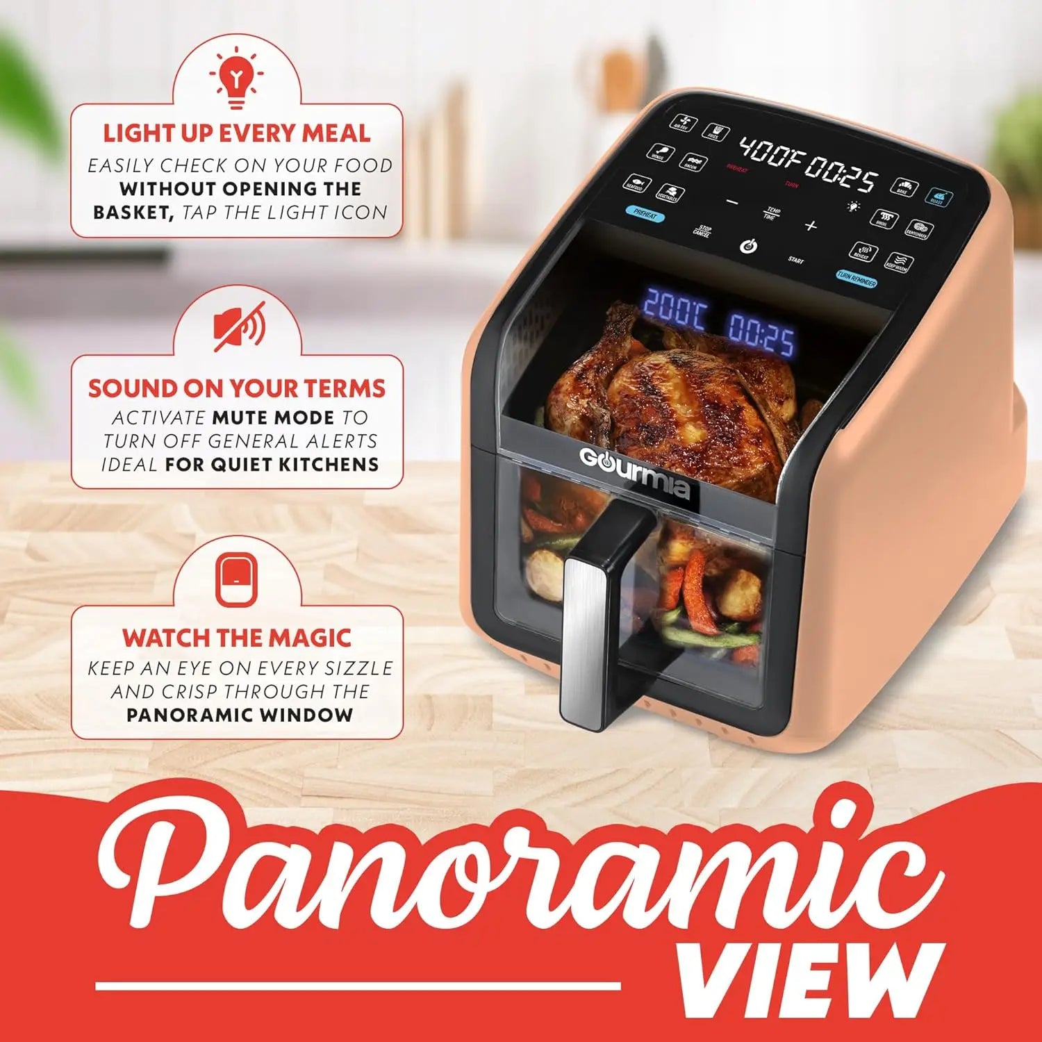 7 QT Air Fryer with Panoramic Window, Interior Light, 12 Presets & Dishwasher Safe Accessories in Peach