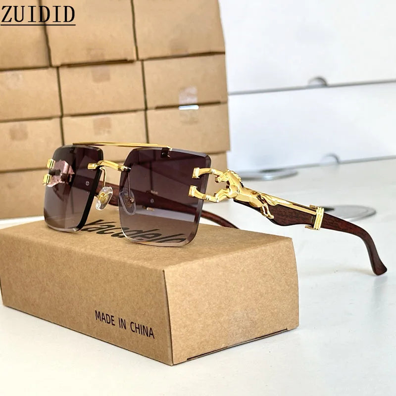 wood Grain Sunglasses Women Trendy 2024 Rimless Sunglasses Men Vintage Designer Fashion Glasses Lentes De Sol Mujer Zonnebril
