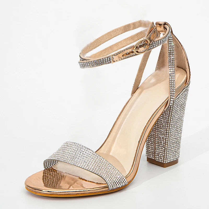 Glitter Rhinestones Sandals Gladiator-Style Open Toe Ankle Strap Square Heel — Black | KIMLUD