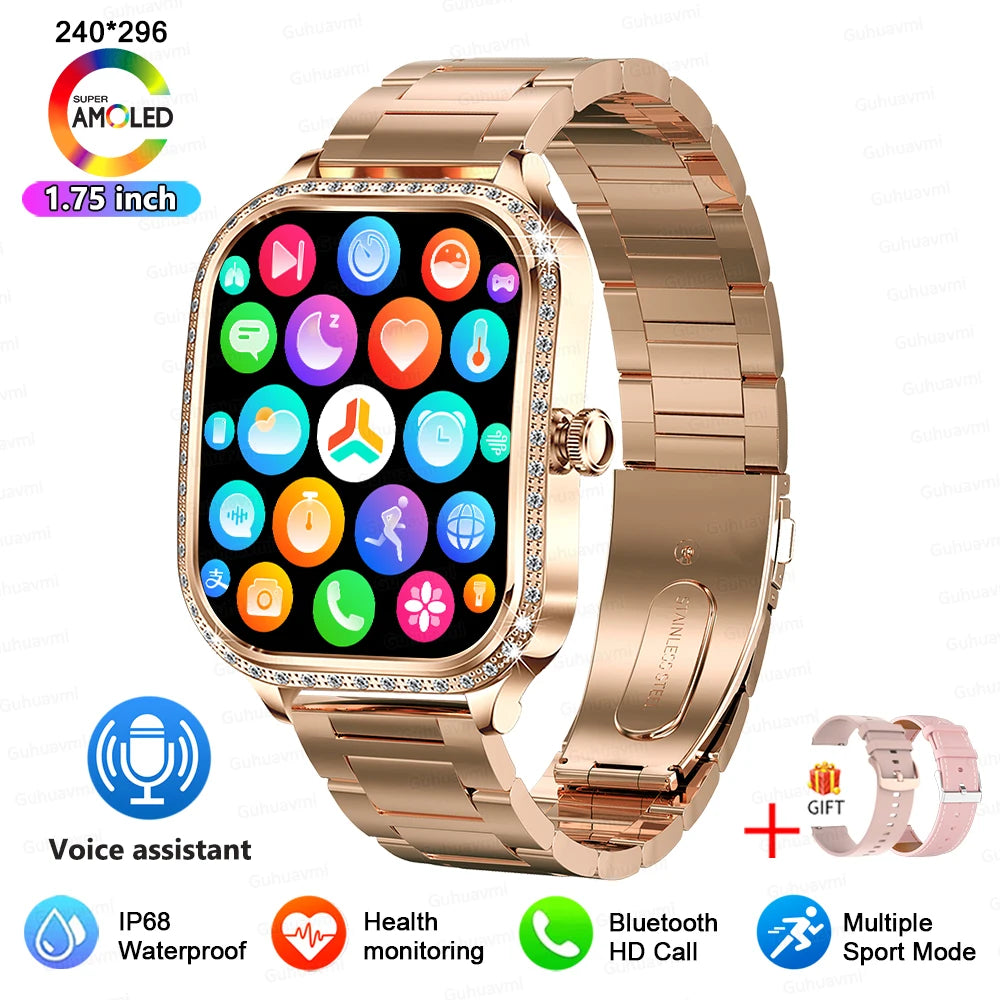 KIMLUD, 2025 New Lady Smart Watch Women AMOLED Curved Screen IP68 Waterproof Health Call Smartwatch For Samsung Huawei Apple Watch 4 ios, Gold Steel 2A / samrt watch, KIMLUD APPAREL - Womens Clothes