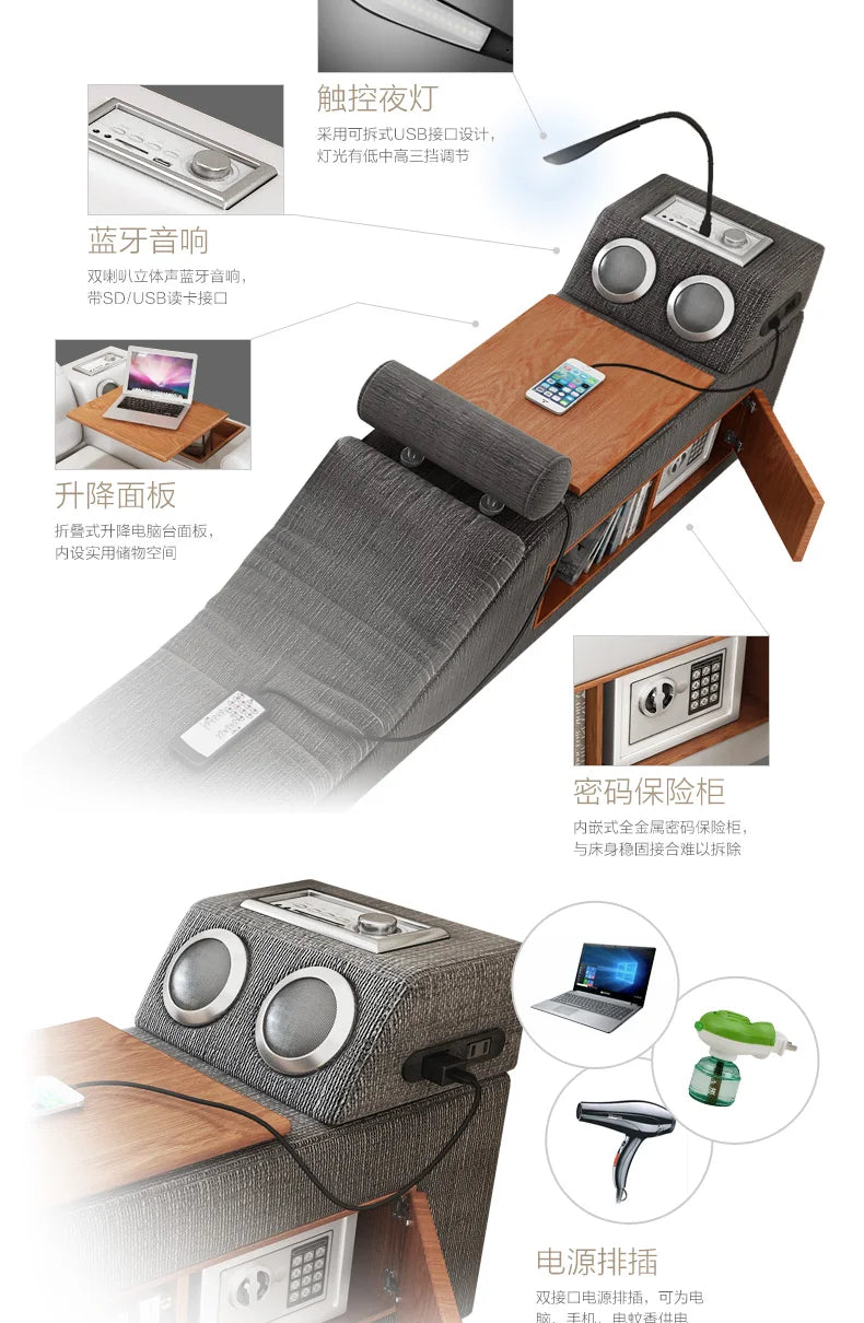 USB LED Wood Massage Bed Sets Smart King Size New Bedroom Furniture with Storage Queen Double Size Mattresses Bedroom Bed Set