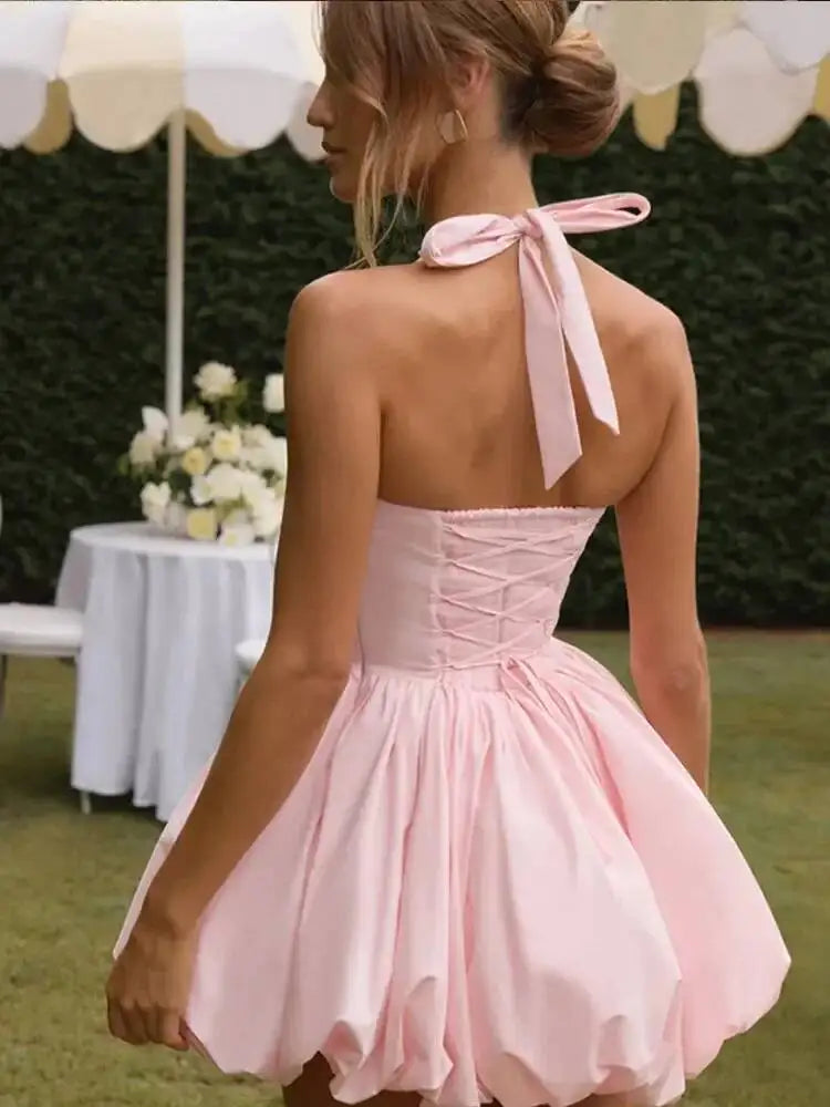 Elegant Pink Backless Pleated Lace-Up Halter Mini Dress Women Off Shoulder Sleeve Puff Hem A-Line Dresses Summer Lady Partywear