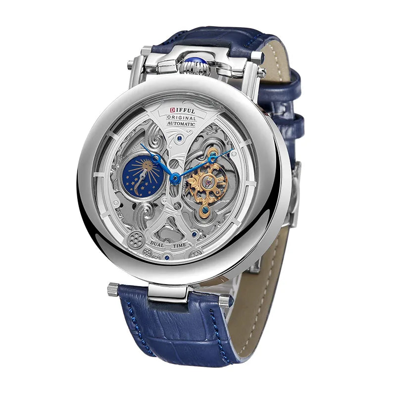 DIFFUL Luxury Big Skeleton Dial Mens Watch Moon Phase Tourbillon Leather Men Automatic Watches