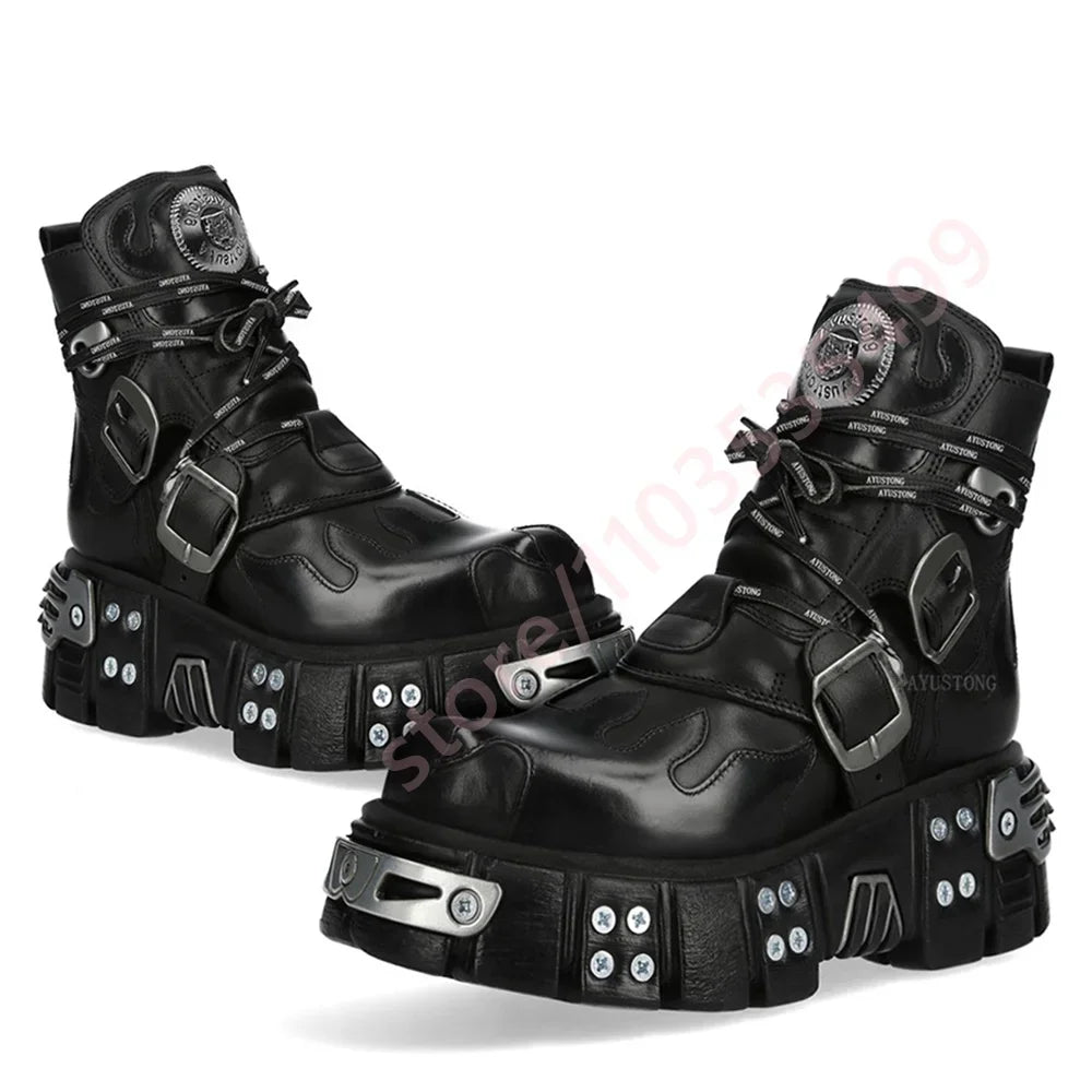 Ankle Boots - Metal Studded - Black Lace-Up Buckled Punk Rock | KIMLUD