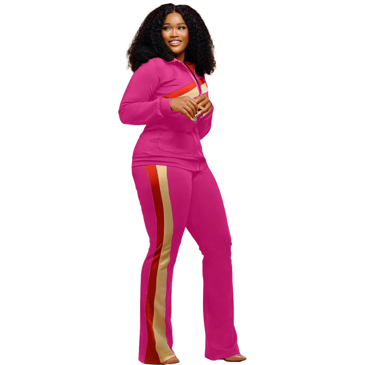 Custom LOGO Spring  Women's Sports Casual Fashion Color-matching Pocket Lapel Zipper Top Straight Pants Two-piece Set S-4XL