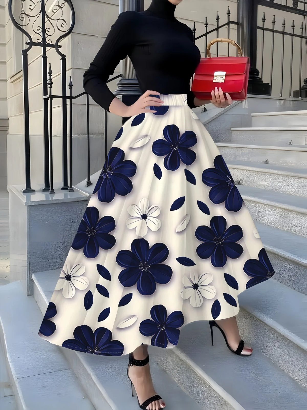 Skirt – Floral Print – Polyester – Ankle Length – Blue White | KIMLUD