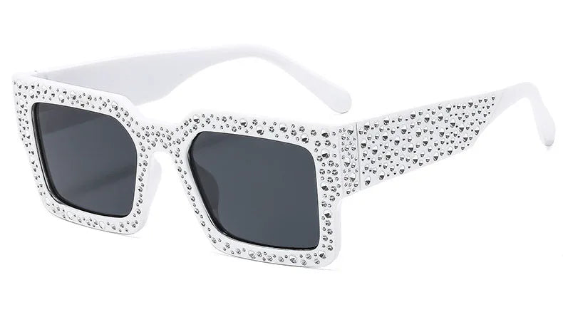 Plastic Diamond-Studded Square Sunglasses — Black | KIMLUD