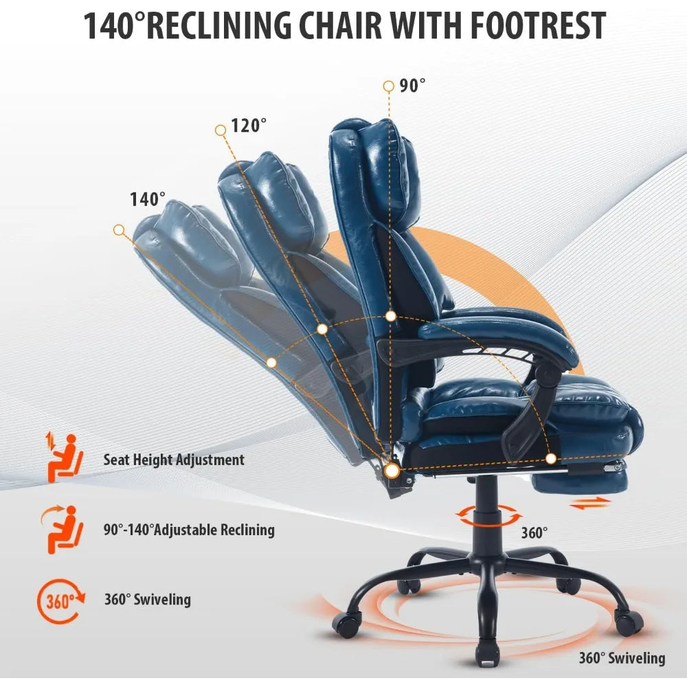 Leather Ergonomic High-Back Office Chair With Footrest And Lumbar Support — Blue | KIMLUD