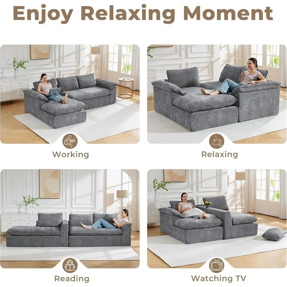 Chenille L-Shaped Sofa Memory Foam Cushions — Grey | KIMLUD