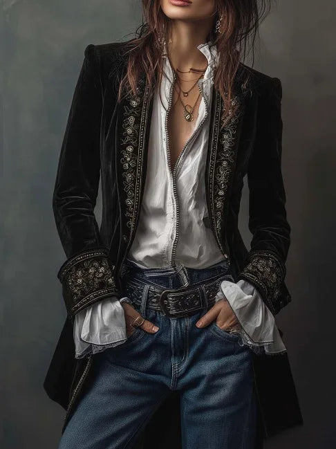 Long Sleeve Women's Outercoat Causal Autumn Winter Elegant Patchwork Velvet Slim Coat Vintage Pattern Print Cardigan Jackets